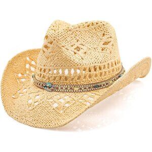 Women's Straw Wide with Shapeable Brim Cowboy Hat White/Beige + Chains Hat